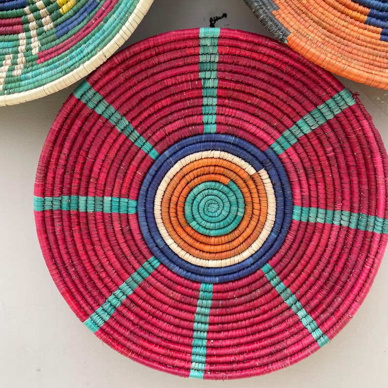 Woven Wall Basket Decor (Set of 3), Boho African Art, Assorted Baskets, Dyed Palm & Sea Grass