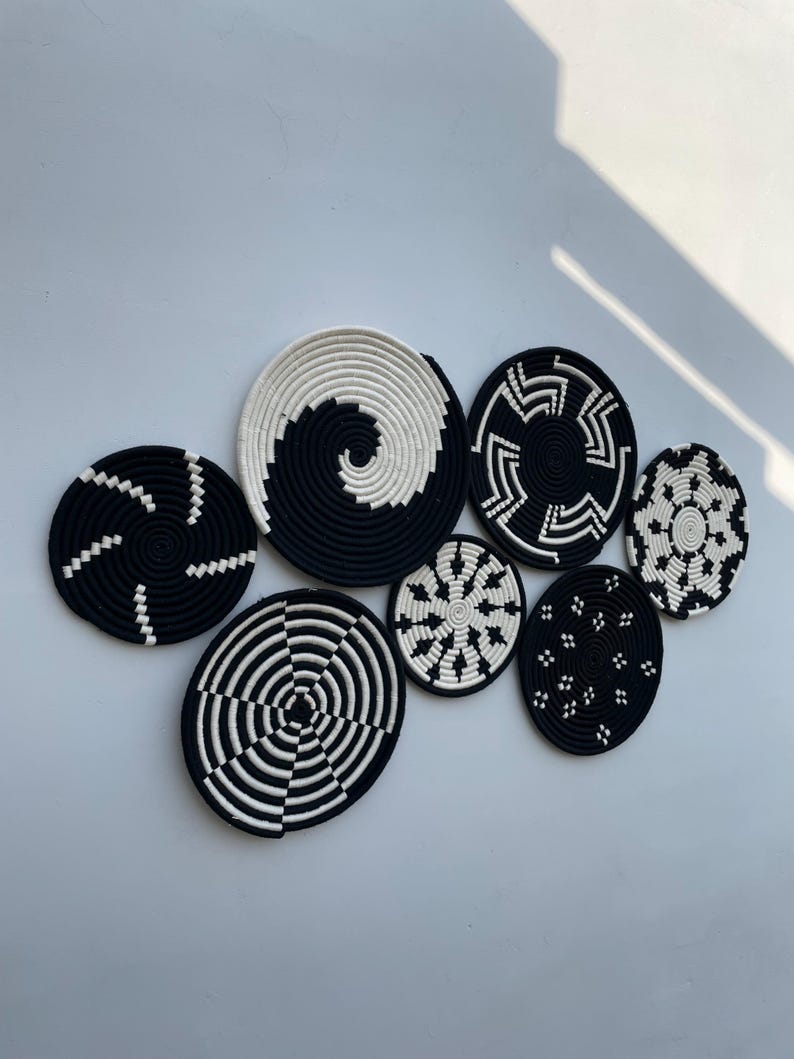 Boho Wall Basket Set of 7: Black & White woven basket Decor