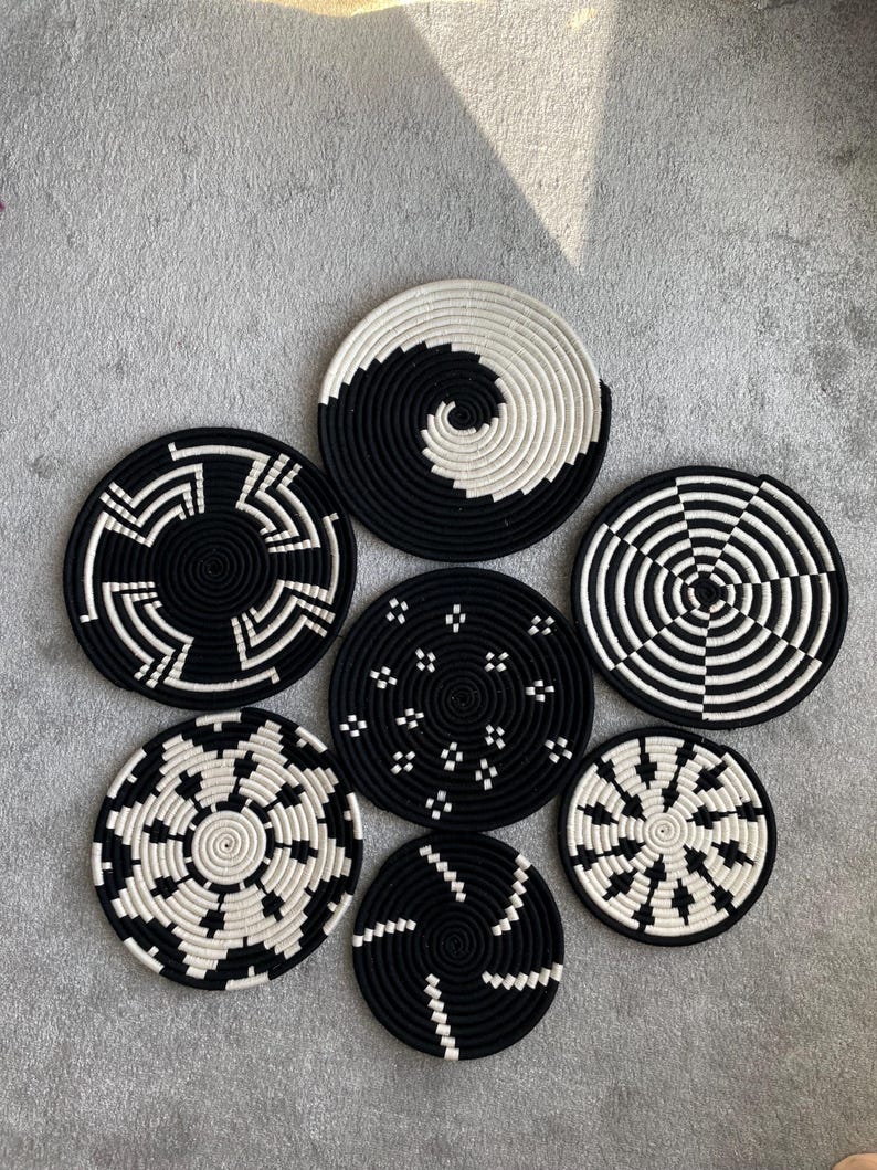 Boho Wall Basket Set of 7: Black & White woven basket Decor