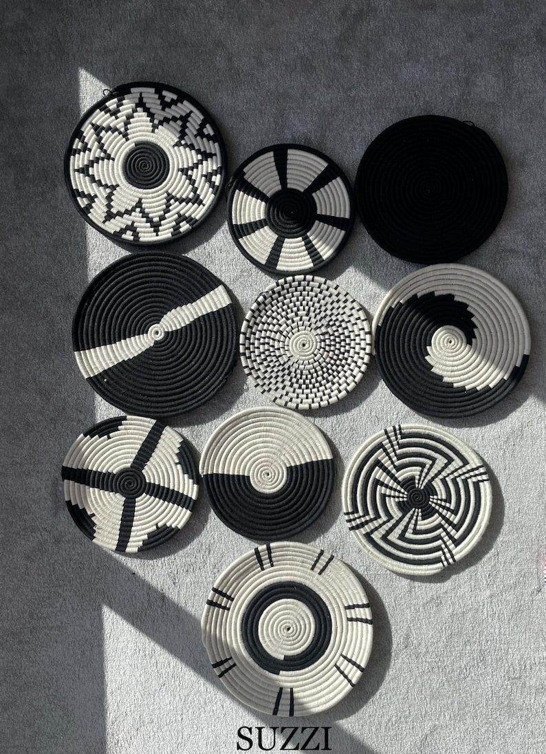 Handwoven Wall Basket Set of 10, Bohemian Wall Hanging, Black And White wall Art, Woven African Baskets, Living Room & Bedroom Wall Art