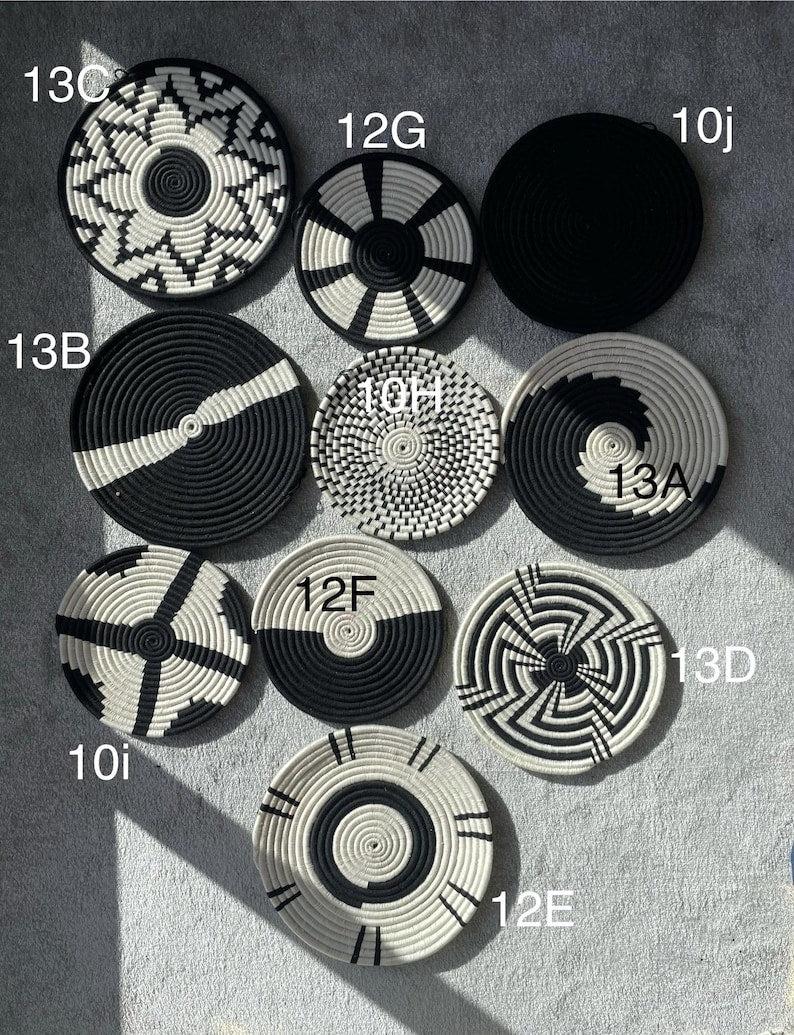 Handwoven Wall Basket Set of 10, Bohemian Wall Hanging, Black And White wall Art, Woven African Baskets, Living Room & Bedroom Wall Art