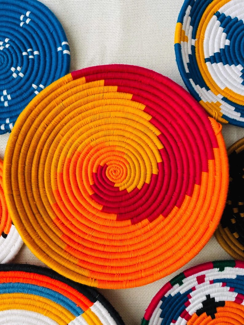 Colorful Boho Wall Basket Decor Set of 5, Bohemian Wall Hanging, Woven Wall Baskets, African Wall Baskets, Living Room & Bedroom Wall Art