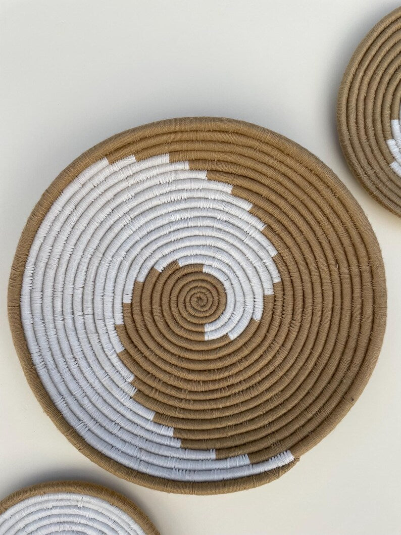 boho wall basket set, african wall baskets, black & beige wall art, hand woven wall baskets, wall hanging baskets, basket wall decor