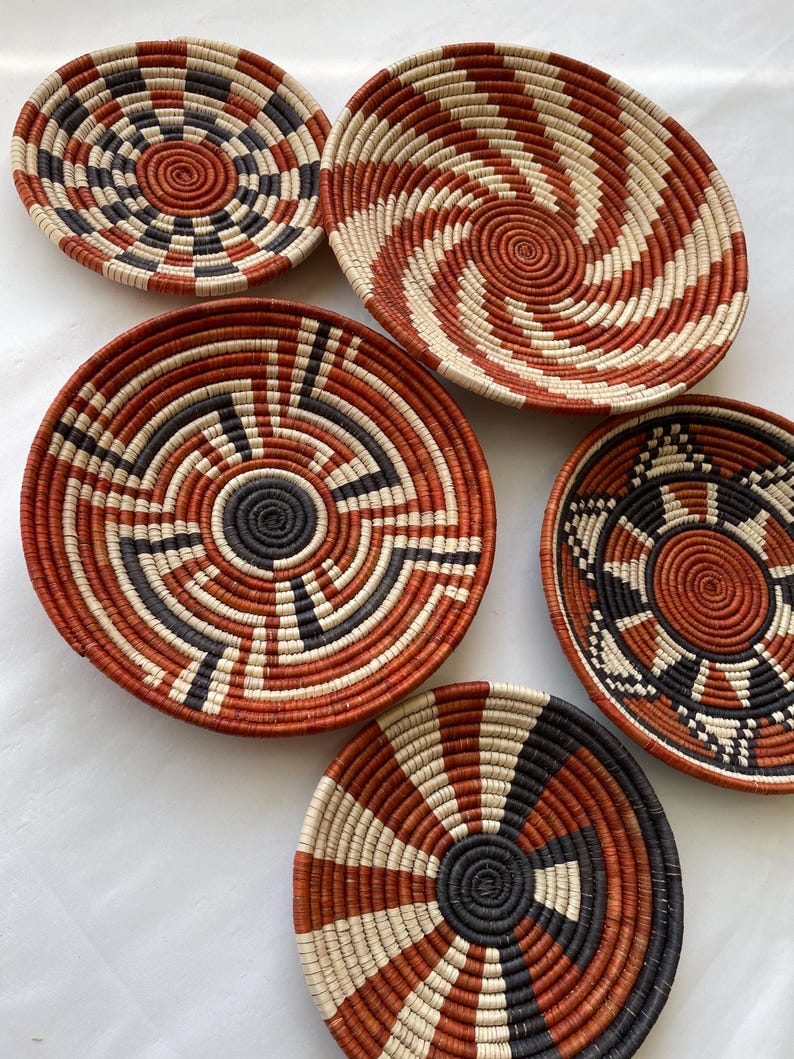 Boho Wall Basket Set Of 5, African Wall Baskets, Neutral & Earthy Wall Art, Hand woven Wall Baskets, Wall Hanging Baskets, Basket Wall Decor