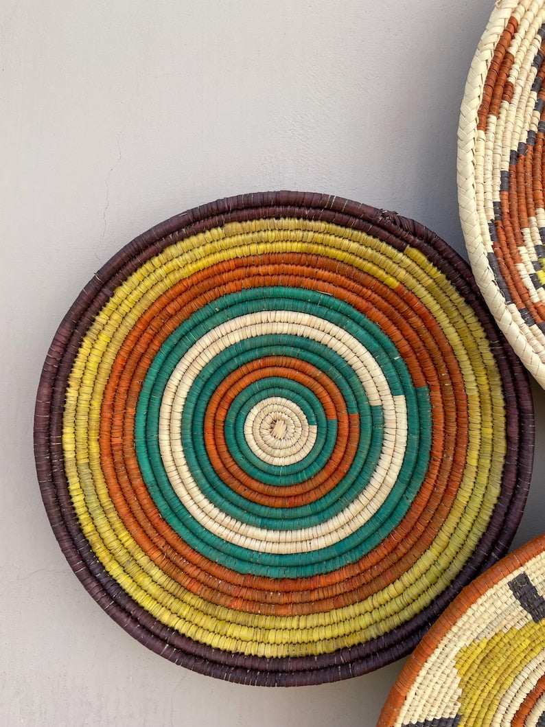 Handwoven Boho Tribal Wall Basket Set of 9 - Natural Fiber Geometric Sunburst Decor - African Ethnic Woven Wall Art - Bohemian Wall Decor