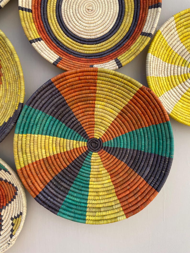 Handwoven Boho Tribal Wall Basket Set of 9 - Natural Fiber Geometric Sunburst Decor - African Ethnic Woven Wall Art - Bohemian Wall Decor