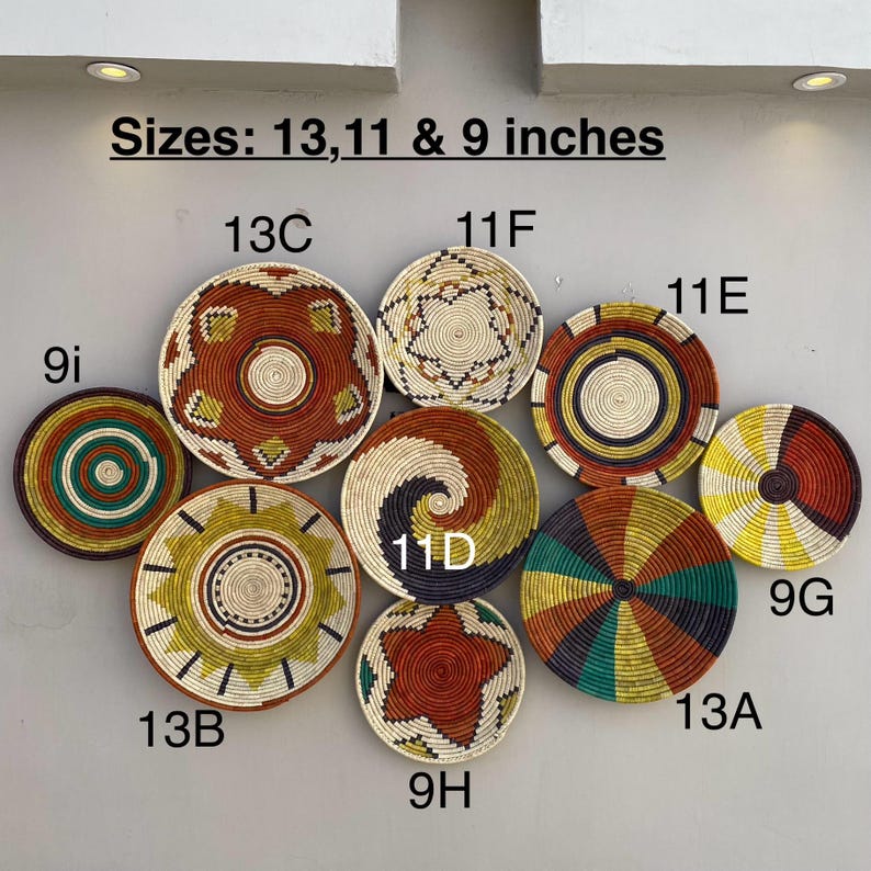 Handwoven Boho Tribal Wall Basket Set of 9 - Natural Fiber Geometric Sunburst Decor - African Ethnic Woven Wall Art - Bohemian Wall Decor