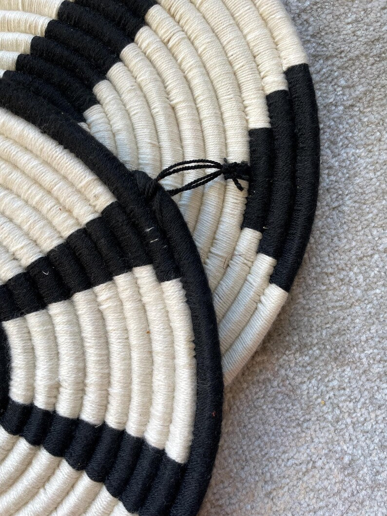 Handwoven Wall Basket Set of 10, Bohemian Wall Hanging, Black And White wall Art, Woven African Baskets, Living Room & Bedroom Wall Art