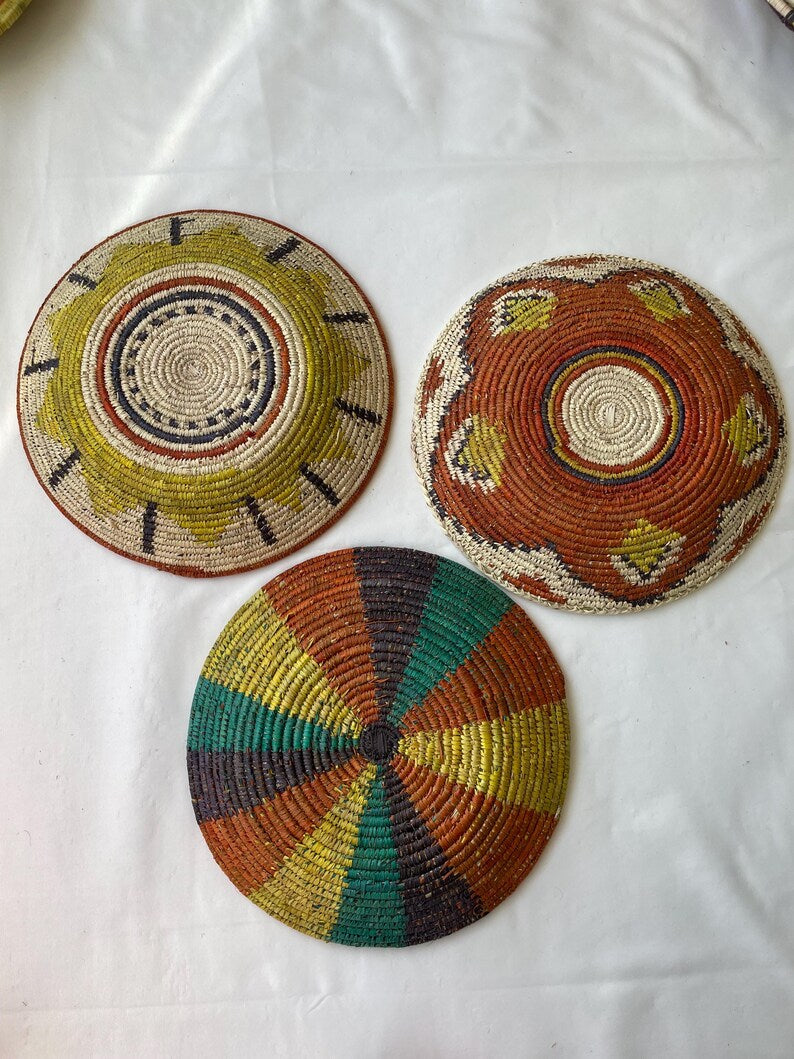 Wall Basket Decor Set Of 3, Hand Woven Basket Wall Art, Woven Wall Baskets, Boho Wall Baskets, African Wall Baskets, Wall Hanging Baskets