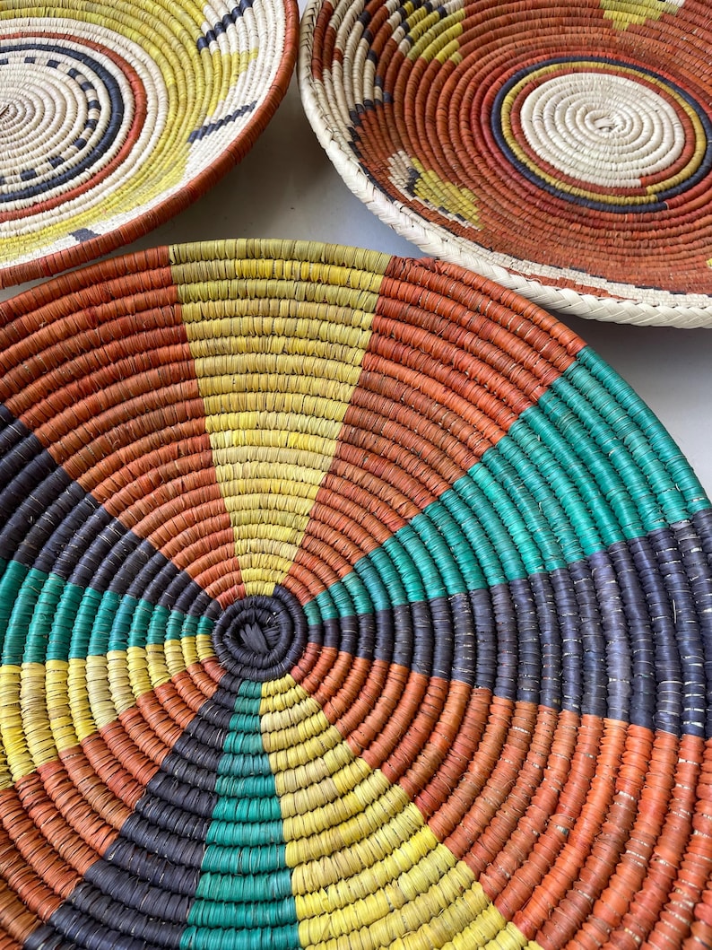 Wall Basket Decor Set Of 3, Hand Woven Basket Wall Art, Woven Wall Baskets, Boho Wall Baskets, African Wall Baskets, Wall Hanging Baskets