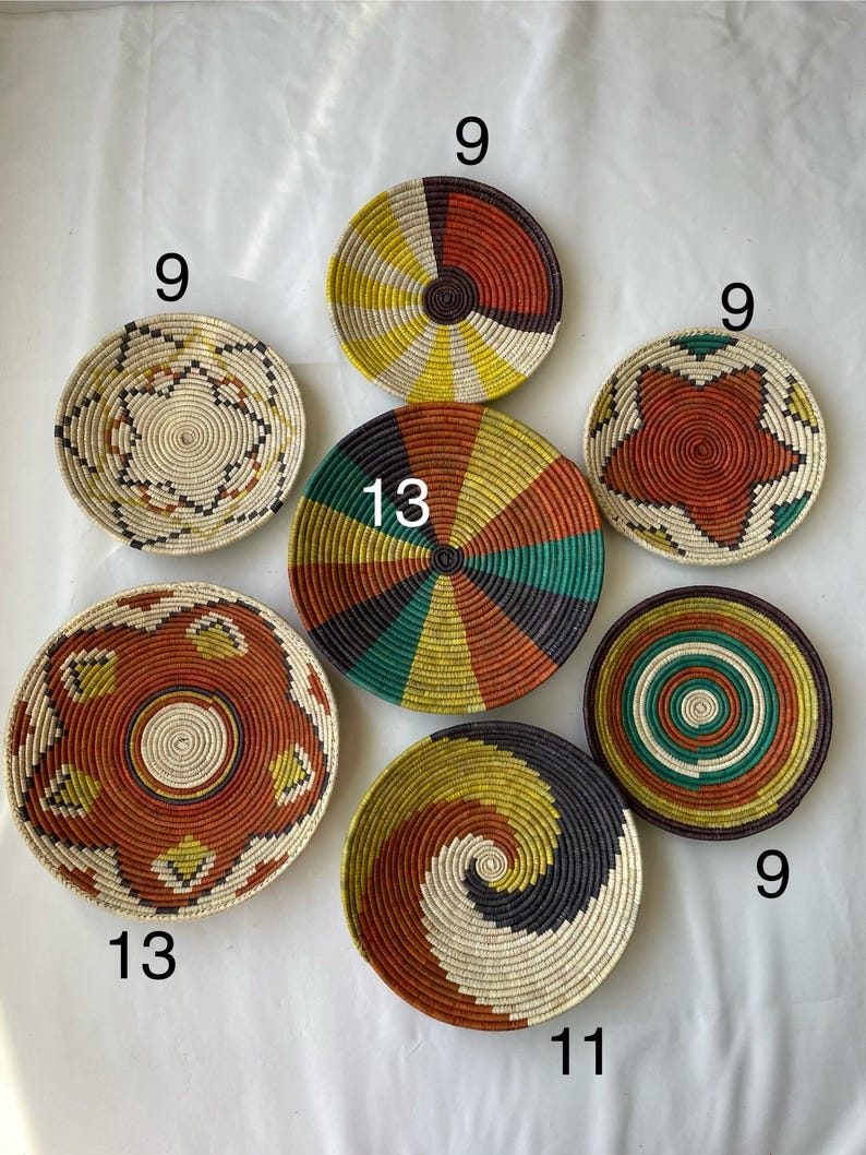 Handwoven Boho Tribal Wall Basket Set of 7 - Natural Fiber Geometric Sunburst Decor - African Ethnic Woven Wall Art - Bohemian Wall Decor