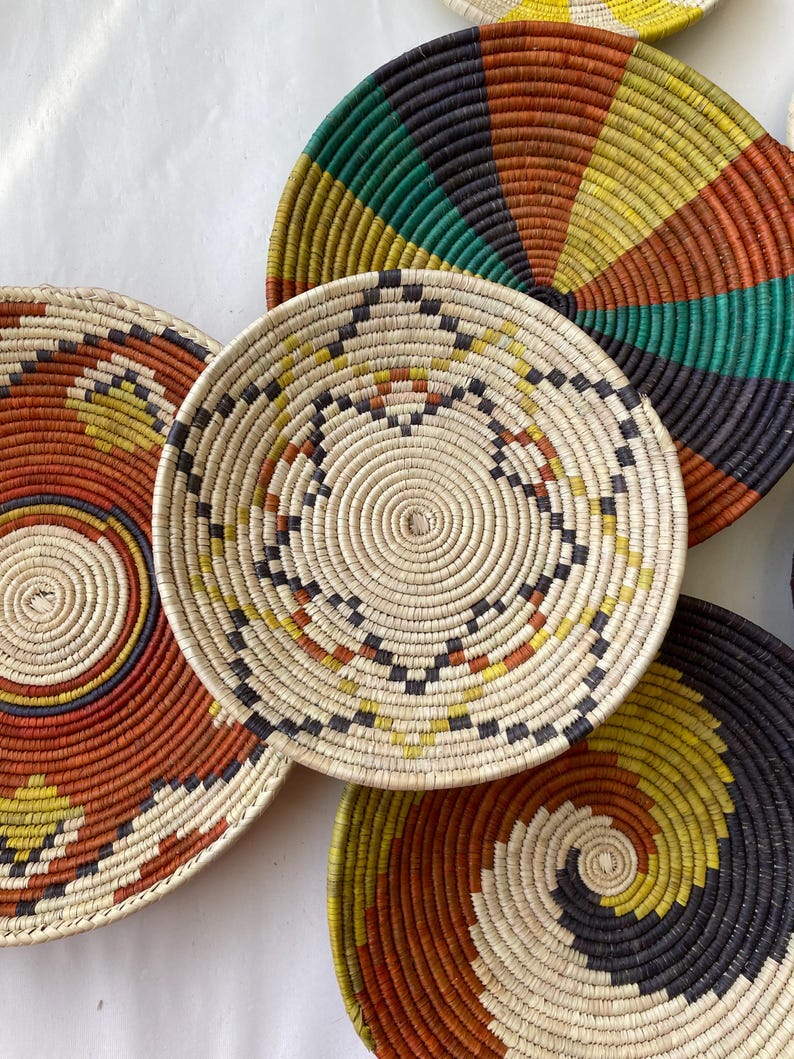 Handwoven Boho Tribal Wall Basket Set of 7 - Natural Fiber Geometric Sunburst Decor - African Ethnic Woven Wall Art - Bohemian Wall Decor