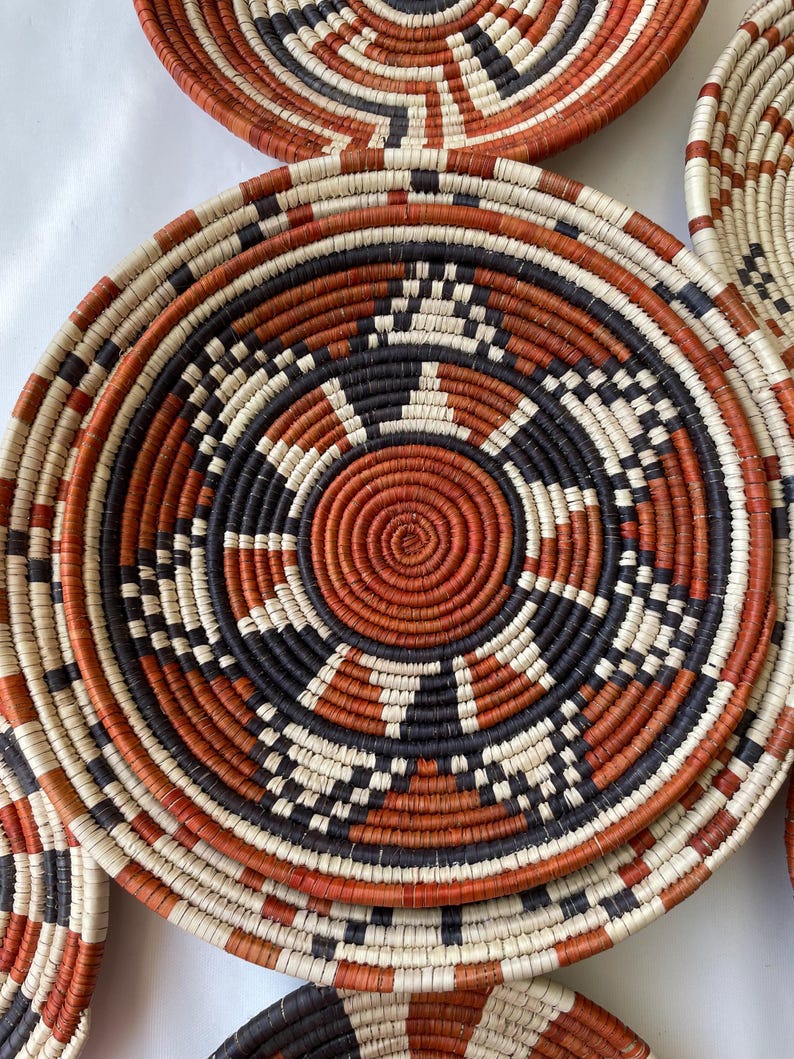 Boho Wall Basket Set Of 7, Handwoven African Baskets for Wall Decor, Neutral Rustic Woven Wall Art, Tribal Home Decor, Beige Brown Baskets