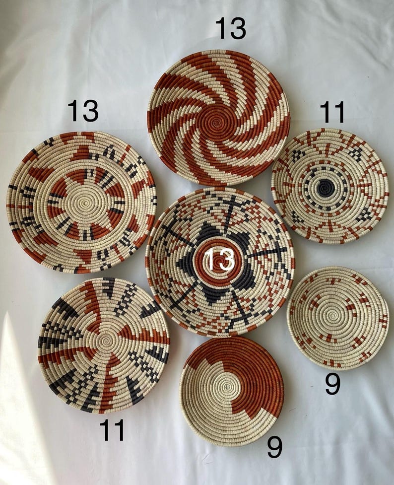 Neutral & Earthy Tones Woven Wall Baskets Set Of 7, Boho Wall Baskets, Woven African Baskets, Basket Wall Art, Rustic Wall Hanging Decor
