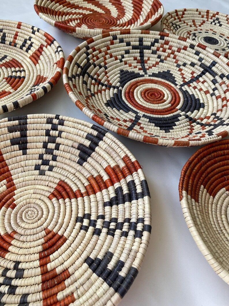 Neutral & Earthy Tones Woven Wall Baskets Set Of 7, Boho Wall Baskets, Woven African Baskets, Basket Wall Art, Rustic Wall Hanging Decor