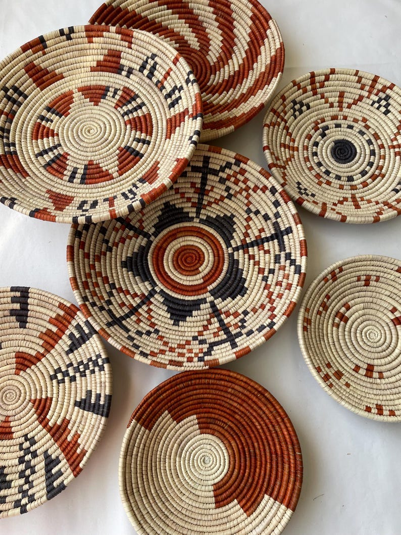 Neutral & Earthy Tones Woven Wall Baskets Set Of 7, Boho Wall Baskets, Woven African Baskets, Basket Wall Art, Rustic Wall Hanging Decor