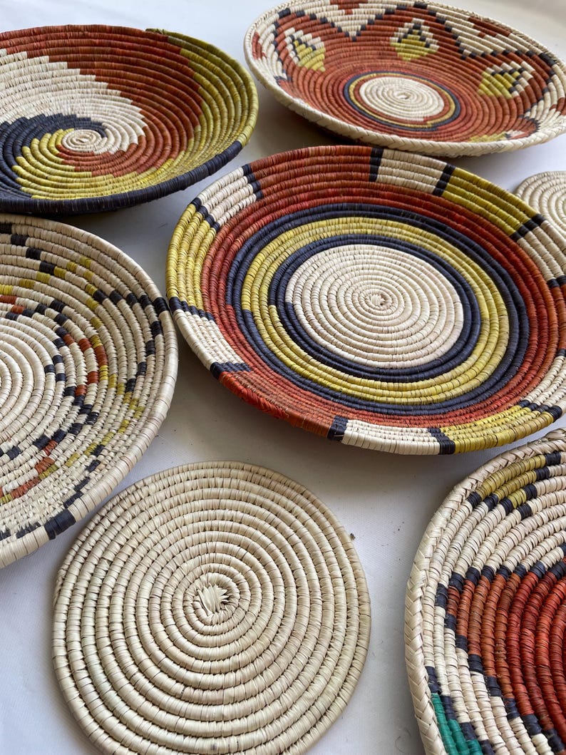 Handwoven Wall Basket Decor Set Of 8 - African Wall Baskets - Boho Wall Baskets Set - Rustic Wall Hanging Baskets - Bohemian Wall Decor