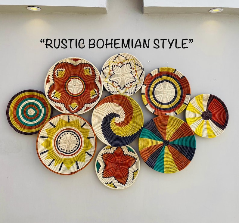 Handwoven Boho Tribal Wall Basket Set of 9 - Natural Fiber Geometric Sunburst Decor - African Ethnic Woven Wall Art - Bohemian Wall Decor