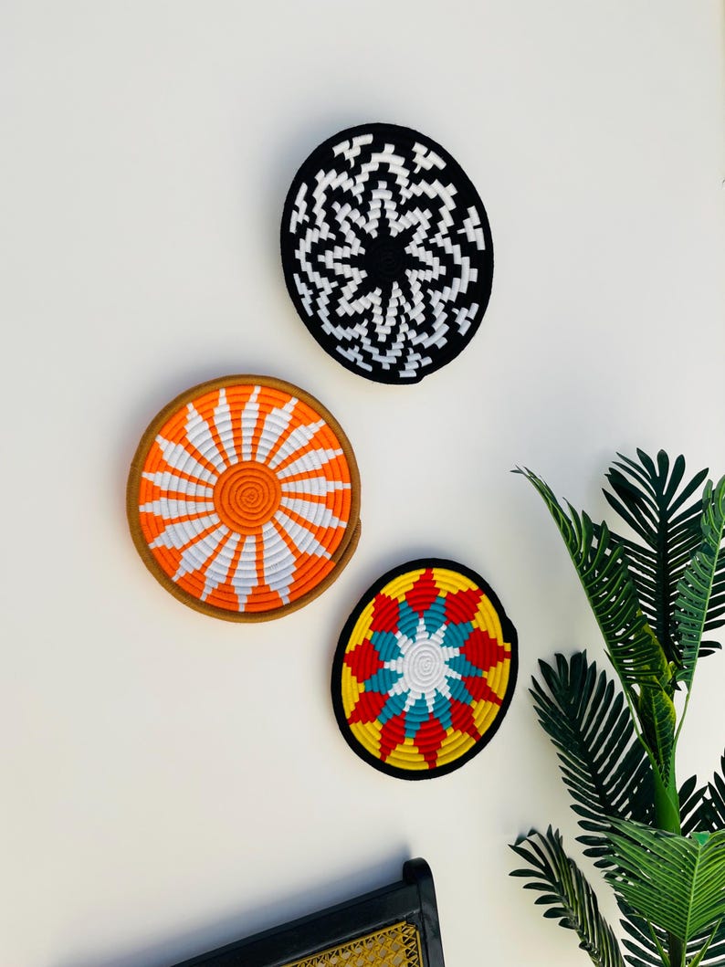 Boho Wall Basket Decor Set of 3, Bohemian Wall Hanging, Unique Wall Basket Decor, Woven African Baskets, Living Room & Bedroom Wall Art