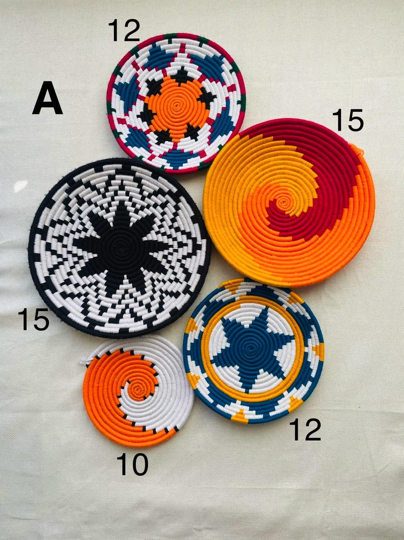Colorful Boho Wall Basket Decor Set of 5, Bohemian Wall Hanging, Woven Wall Baskets, African Wall Baskets, Living Room & Bedroom Wall Art