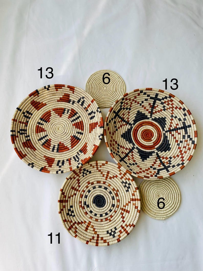 Wall Basket Decor Set of 5, Woven African Wall Baskets, Woven Wall Hangings, Boho Wall Baskets, Basket Wall Art, Rustic Wall Hanging Decor