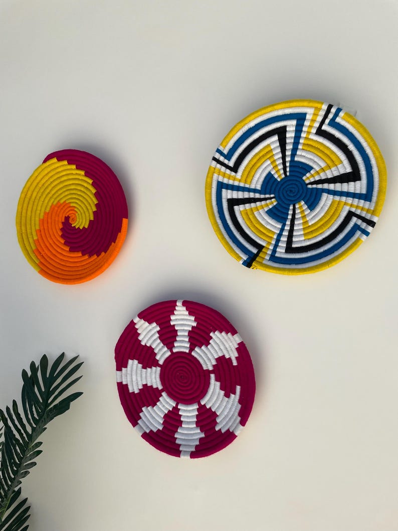 Set of 3 Handwoven Sea Grass Wall Baskets: Colorful Boho Wall Decor