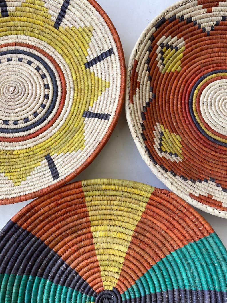 Wall Basket Decor Set Of 3, Hand Woven Basket Wall Art, Woven Wall Baskets, Boho Wall Baskets, African Wall Baskets, Wall Hanging Baskets