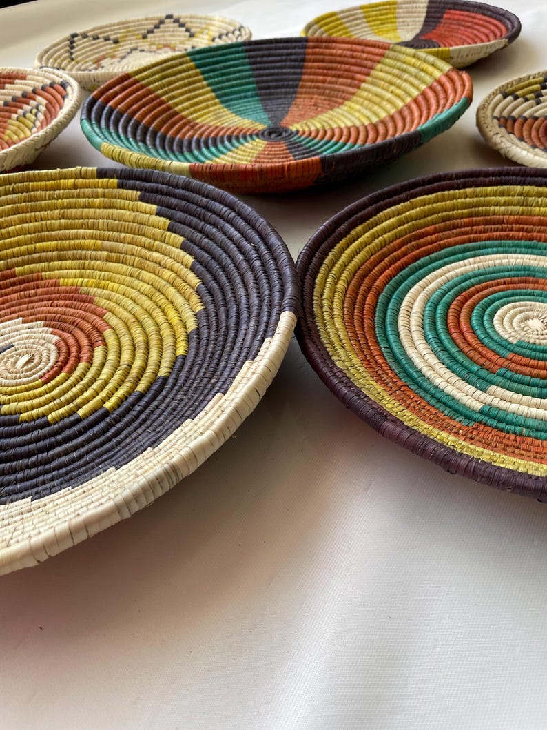 Handwoven Boho Tribal Wall Basket Set of 7 - Natural Fiber Geometric Sunburst Decor - African Ethnic Woven Wall Art - Bohemian Wall Decor
