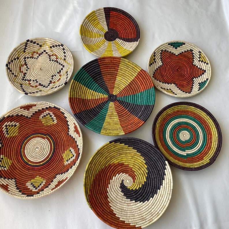 Handwoven Boho Tribal Wall Basket Set of 7 - Natural Fiber Geometric Sunburst Decor - African Ethnic Woven Wall Art - Bohemian Wall Decor