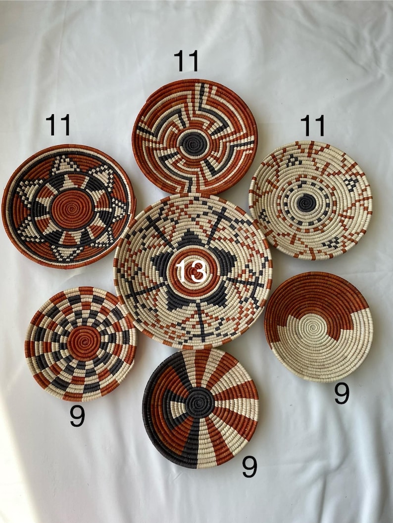 Boho Wall Basket Set Of 7, Handwoven African Baskets for Wall Decor, Neutral Rustic Woven Wall Art, Tribal Home Decor, Beige Brown Baskets