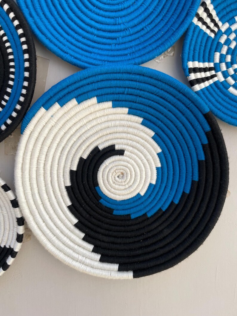 Blue Black & White Boho Wall Basket Set of 9 - Woven African Wall Baskets - Hanging Wall Basket Decor - Basket Wall Art, Bohemian wall Decor