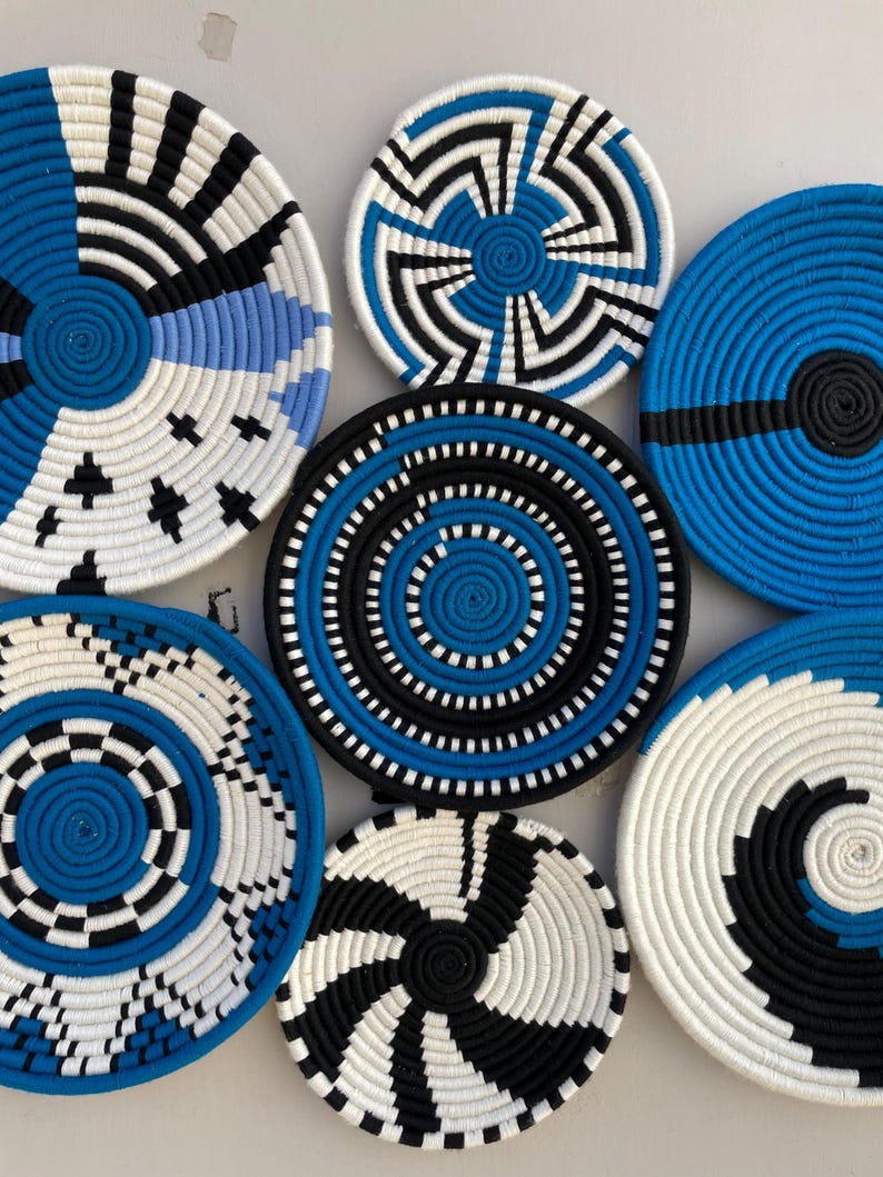 Blue Black & White Boho Wall Basket Set of 9 - Woven African Wall Baskets - Hanging Wall Basket Decor - Basket Wall Art, Bohemian wall Decor