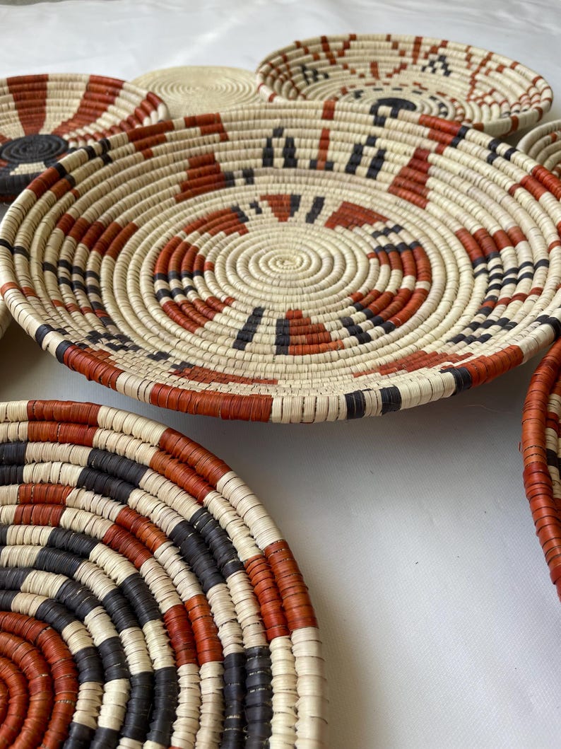 Neutral & Earthy Tones Woven Wall Baskets Set Of 9, Boho Wall Baskets decor, Basket Wall Art, Rustic Wall Hanging Decor, African Wall Basket