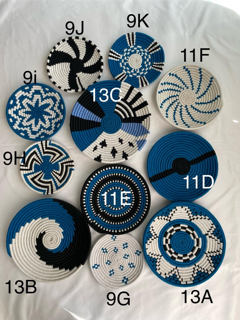 Blue & White Woven Wall Baskets Set Of 3,4,5,6,7,8,9,10 and 11, Boho Wall Baskets, Basket Wall Art, African Wall Basket, Bohemian Wall Decor