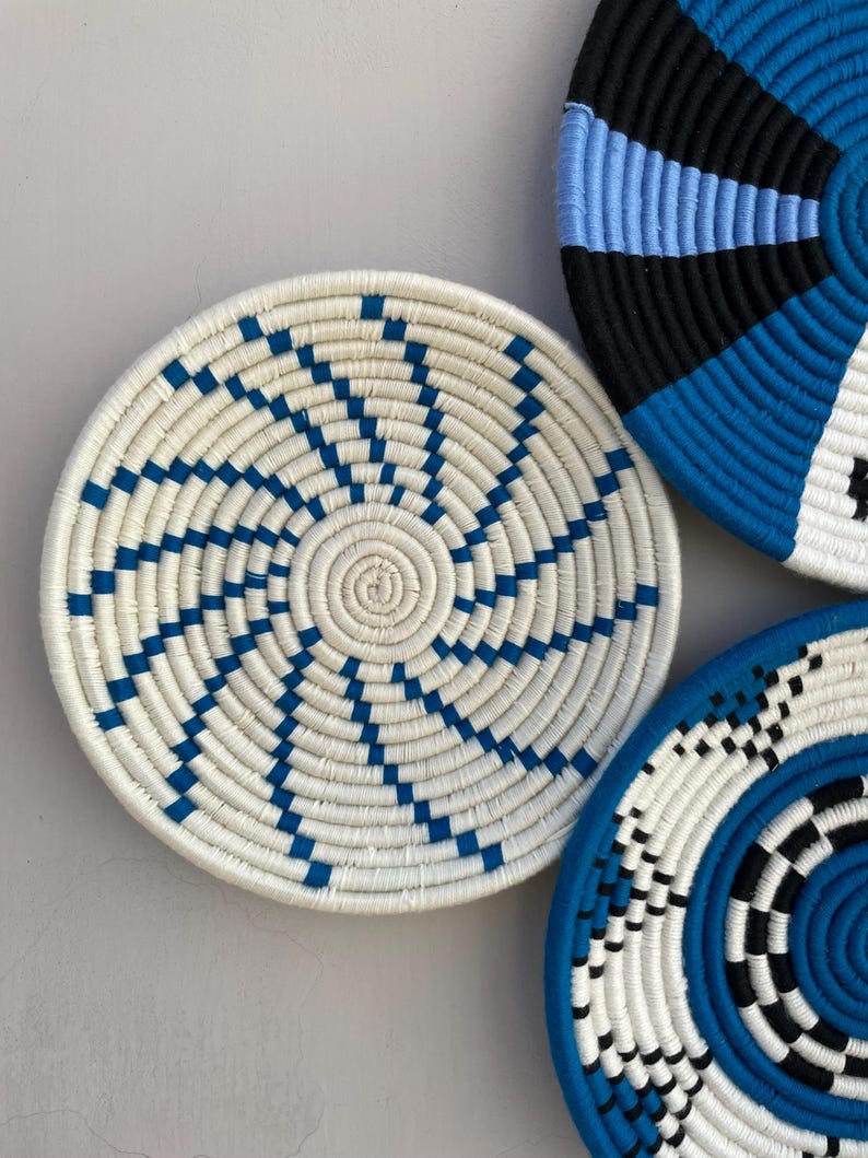 Blue & White Woven Wall Baskets Set Of 3,4,5,6,7,8,9,10 and 11, Boho Wall Baskets, Basket Wall Art, African Wall Basket, Bohemian Wall Decor