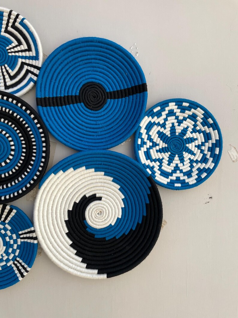 Blue & White Woven Wall Baskets Set Of 3,4,5,6,7,8,9,10 and 11, Boho Wall Baskets, Basket Wall Art, African Wall Basket, Bohemian Wall Decor