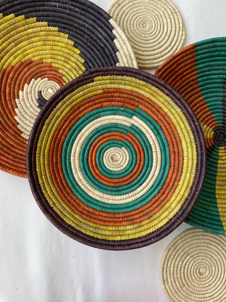 Woven Boho Wall Basket Set Of 5 - African Wall Baskets - Basket Wall Art - Wall Hanging Baskets - Wall Basket Decor - Rustic Wall Decor