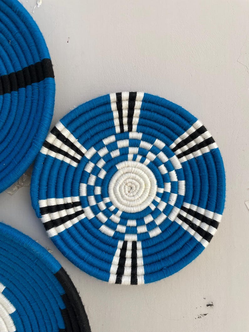 Blue Black & White Boho Wall Basket Set of 9 - Woven African Wall Baskets - Hanging Wall Basket Decor - Basket Wall Art, Bohemian wall Decor