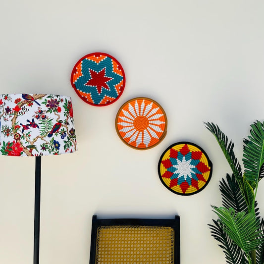 Set of 3 Handwoven Sea Grass Wall Baskets: Colorful Boho Wall Decor