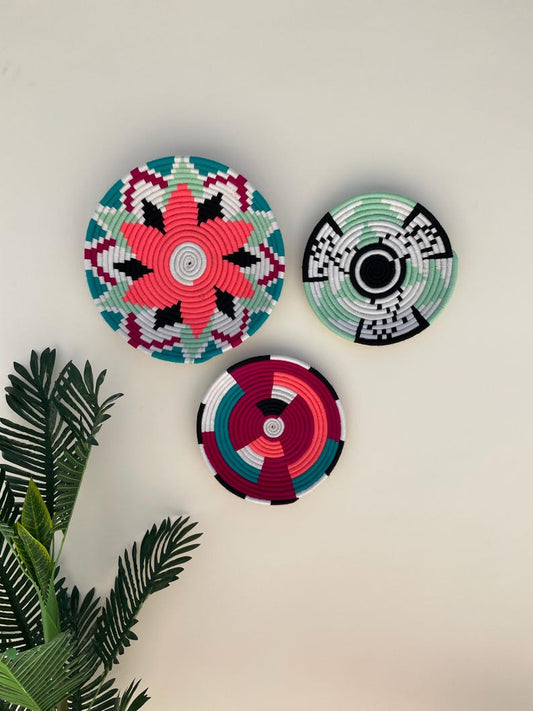Green African Wall Basket Set: Boho Woven Wall Art