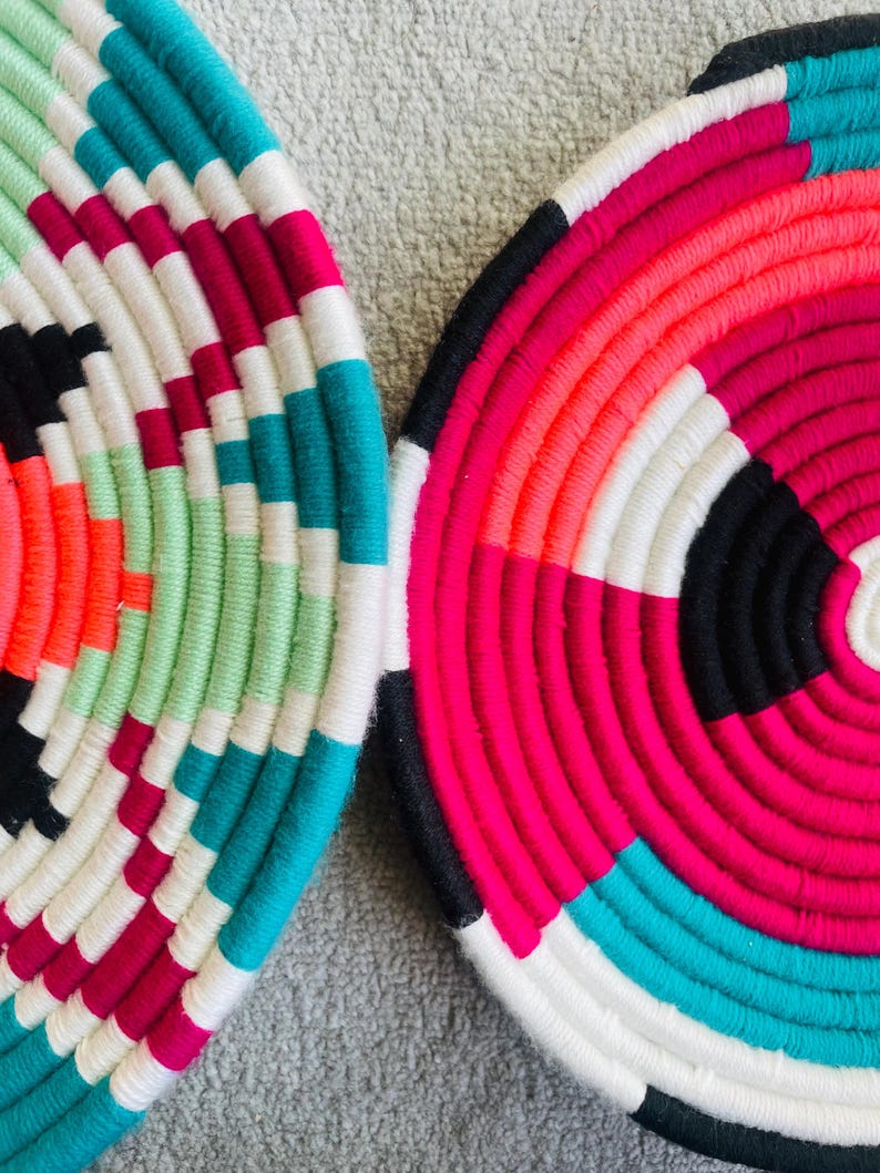 Green African Wall Basket Set: Boho Woven Wall Art