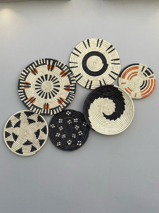 Black & white boho wall basket decor set of 6 - handwoven boho wall hangings - african decorative wall baskets - living room wall art