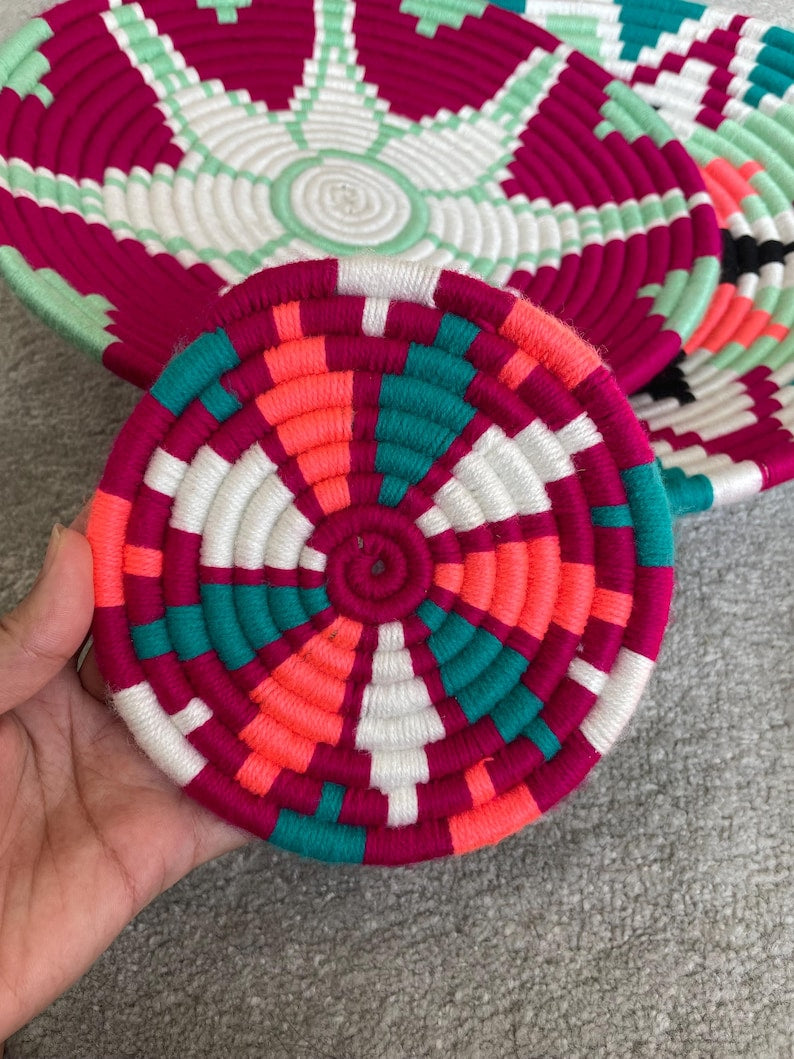 Green African Wall Basket Set: Boho Woven Wall Art