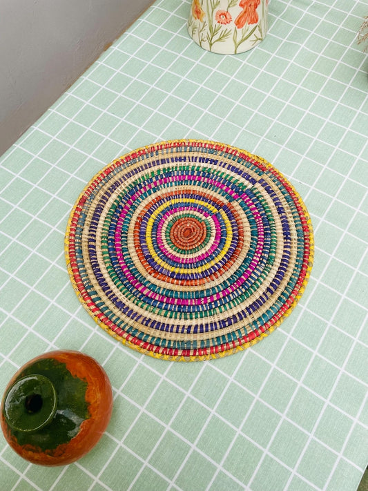 Colorful Woven Placemat: Round Boho Table Mat, Palm Fiber