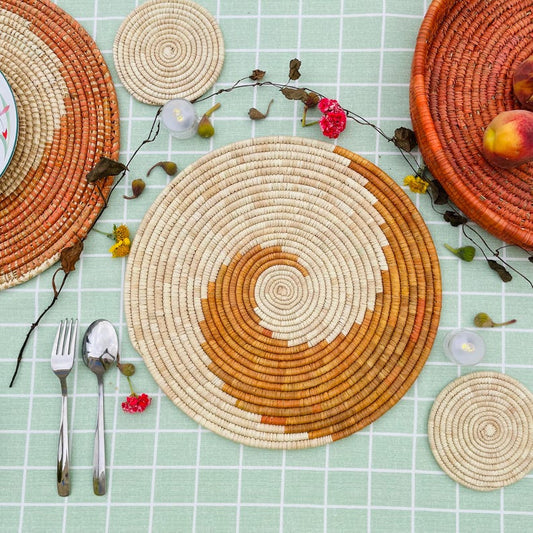 HandWoven Spiral Placemats, Orange Placemats Round, Boho Placemats Set, Eco Friendly Placemats, Rustic Placemat, Boho Table Decor, 14 inch