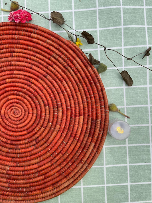 Boho Woven Palm Placemats: Terracotta Rustic Table Decor, 14 inch
