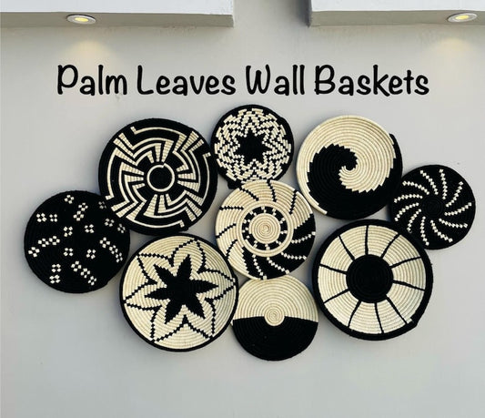 Black and White Boho Wall Basket Set of 9 - Woven African Wall Baskets - Hanging Wall Basket Decor - Basket Wall Art - Bohemian wall Decor