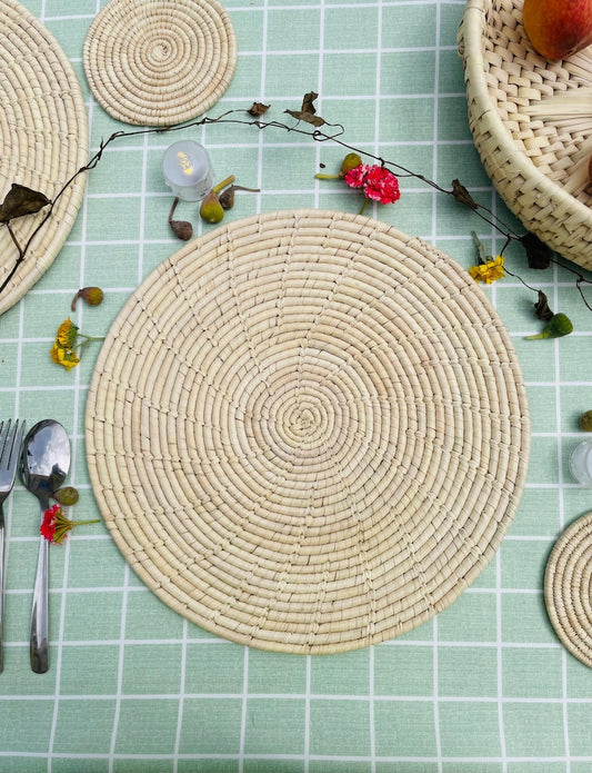 Hand Woven Round Palm Leaf Placemats, Boho Placemats For Table, Eco Friendly Place Mat For Natural Dining Decor, Bohemian tableware, 14 inch
