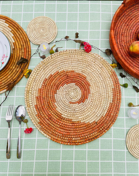 Woven Spiral Placemats Set, Boho Orange Placemats, Sea Grass Placemats, Eco Friendly Placemat, Handmade Placemat, Boho Table Decor, 14 inch