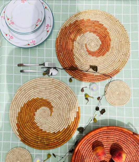 Woven Round Placemats with Coasters – Orange and Natural Boho Table Mats, Rustic Straw Dining Decor, Thanksgiving Holiday Placemats
